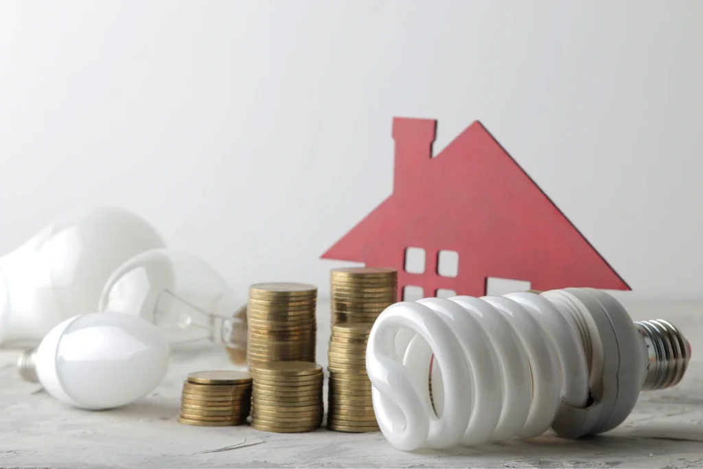 métodos para medir el consumo fantasma: maqueta de una casa, dinero y bombillas